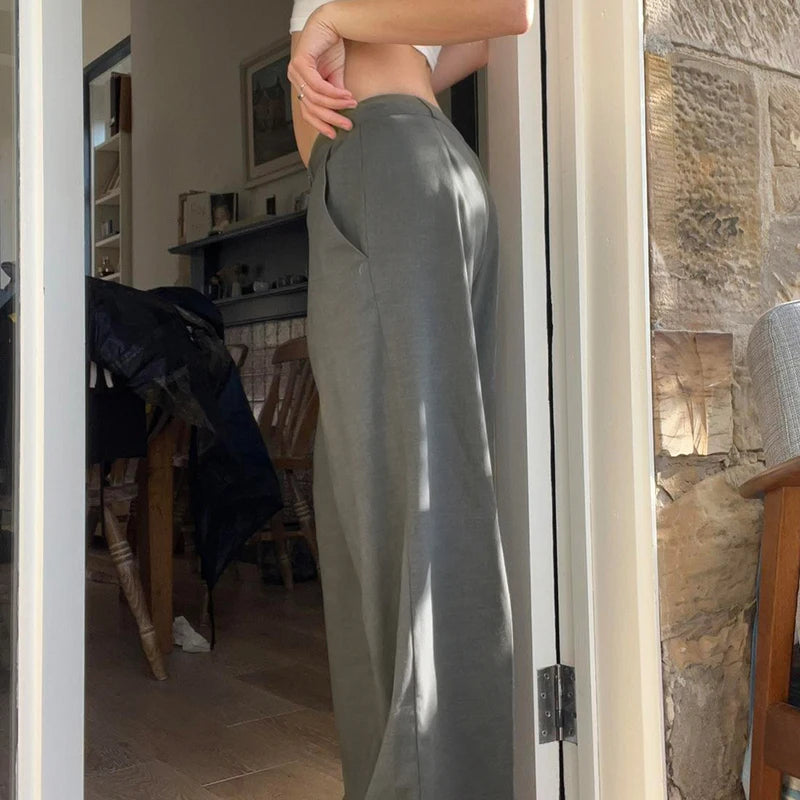 Aiertu  -  Women Solid Straight Pants Minimalist Style Elegant Loose Fit Wide Leg Trousers Casual Office Lady Pants y2k Autumn Aiertu