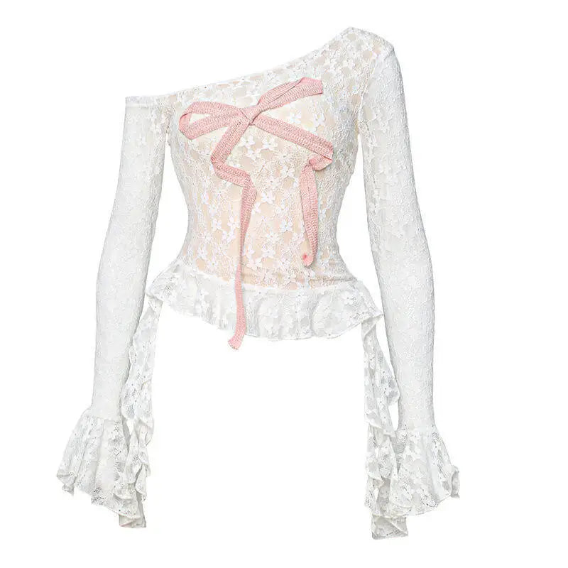 Aiertu  -  Flowy Ruffle Hem Long Sleeve T-shirt Women White Floral Lace Ribbon Off Shoulder Asymmetrical Top Fall Female Clothing Aiertu