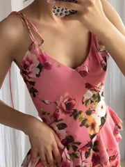 Aiertu  -  Elegant Women Sets Printed Ruched Long Skirts Set 2025 New Fashion Sexy V-neck Short Strap Tops Sets For Women 2 Pieces Aiertu