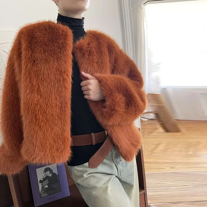 Aiertu  -  Elegant Faux Fur Solid Women Coat O Neck Loose Full Sleeve Female Jacket 2024 Fashion Autumn Winter Warm Thicken Lady Outwear Aiertu