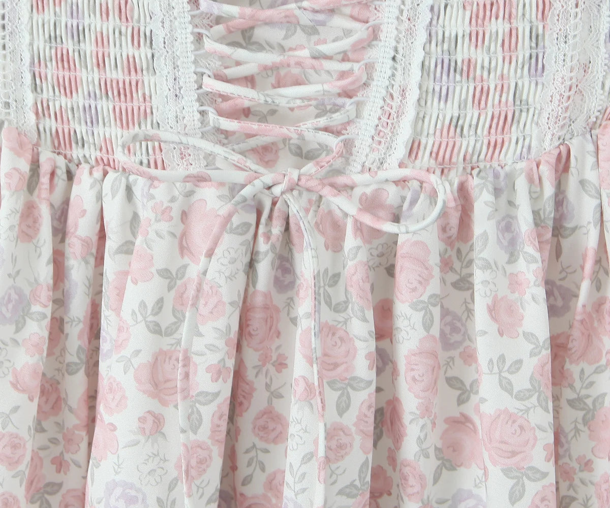 Aiertu  -  Sweet Floral Print Front Cross Lacing Up Front Slim Elastic Low Waist Tank Dress Women Swing A-lined Sling Dresses Robe Aiertu
