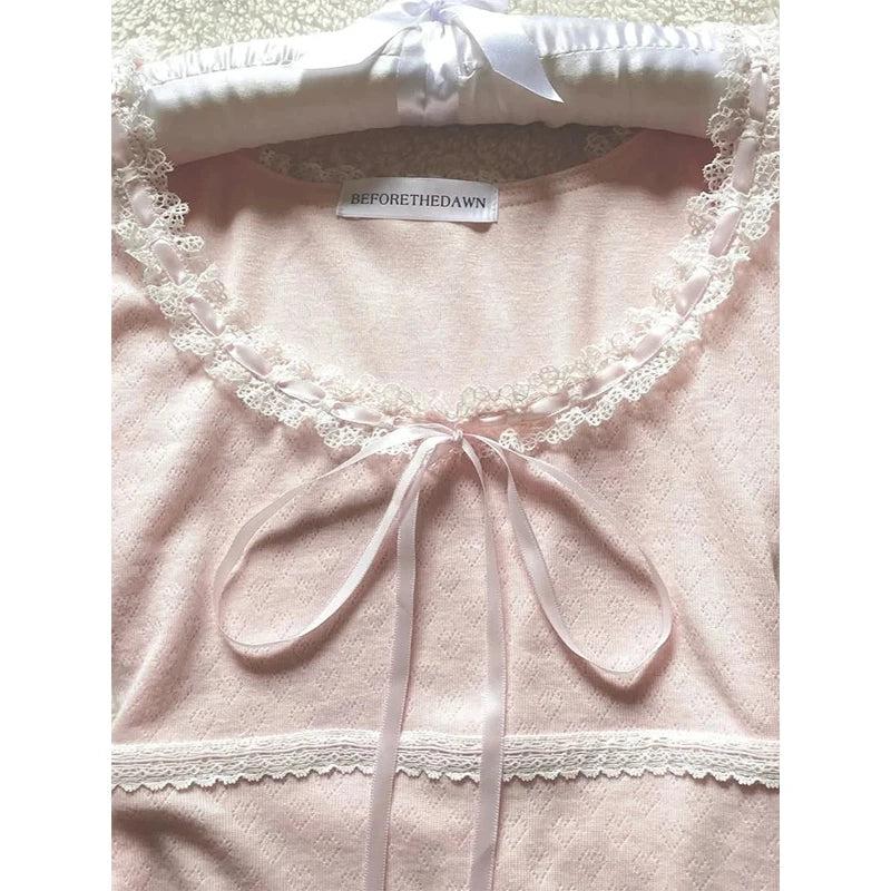 Aiertu  -  Kawaii Pink T Shirt Women Japanese Cute Bow Lace Up Tops Summer Y2K Korean Fashion Lace Patchwork Puff Short Sleeve Tees Aiertu