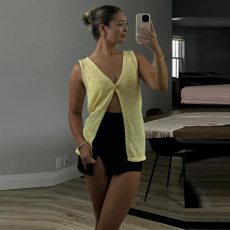 Aiertu  -  Knitted One Button Tank Top Skirt Sets Women V-neck Sleeveless Solid Thin Vest Mini Skirts Suits 2026 Summer Holiday Sexy Outfit Aiertu