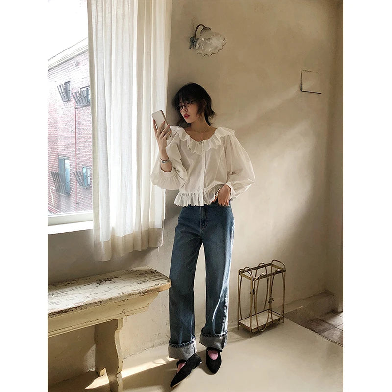 Aiertu Pure Cotton White Shirts Women Vintage Lace Patchwork Blouses Korean Elegant Ruffles Lantern Long Sleeve Casual Tops New Aiertu
