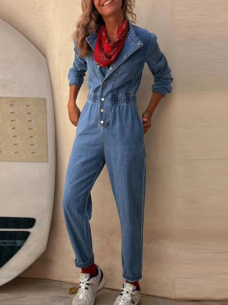 Aiertu  -  Women Slim Denim Jumpsuits Long Pants Rompers Springturn Down Collar Loose One Piece Full Sleeve Tight High Waist Overalls Aiertu