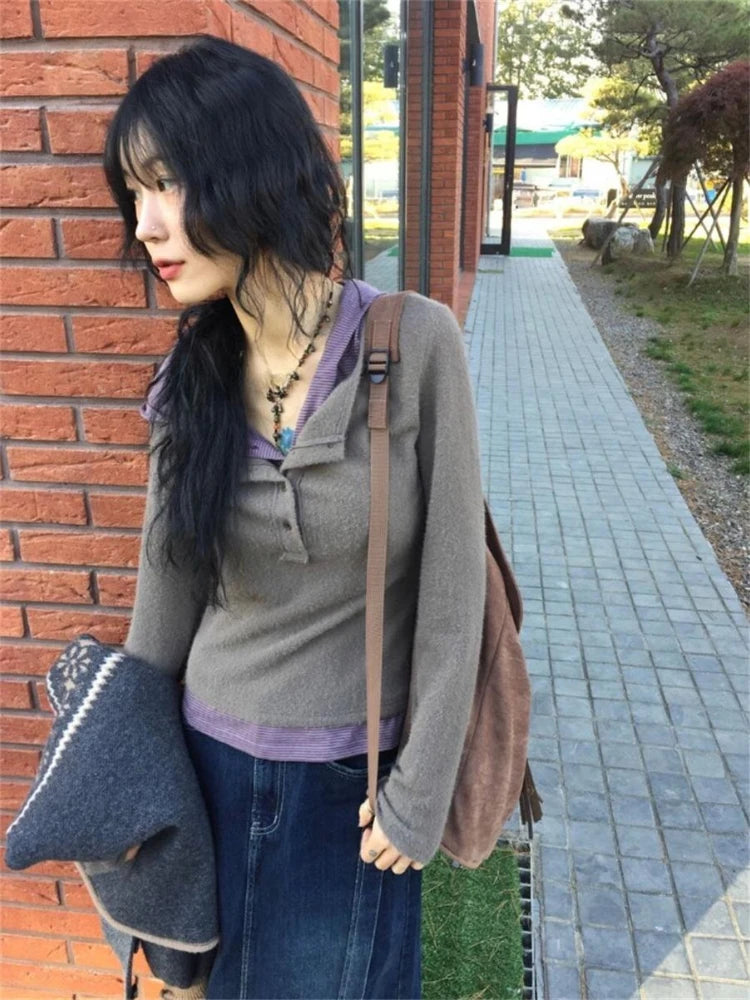 Aiertu  -  Korean Fake Two Pieces Patchwork Stripe T-Shirts Women Y2k Aesthetic Grunge Hooded Tops Vintage Button Casual Slim T-shirt 2025 Aiertu