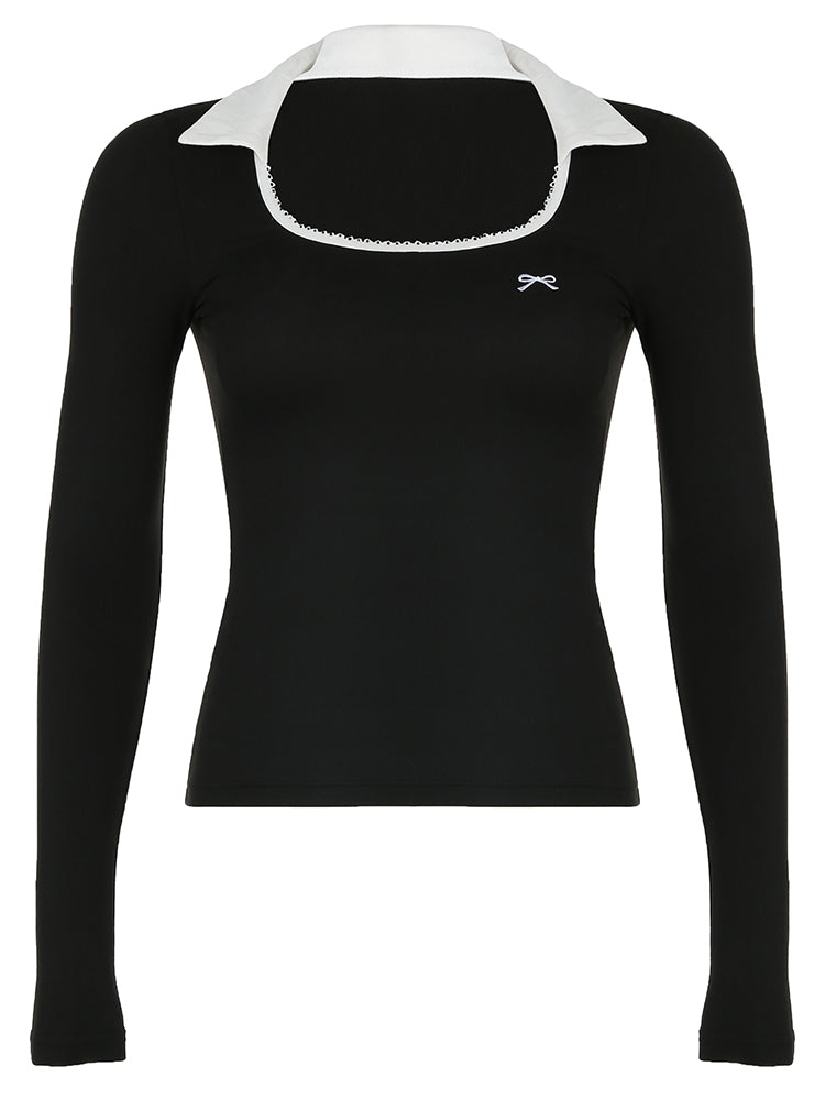 Aiertu - summer inspo Hot Contrast Binding U Neck Slim Basic Long Sleeve Tees Black Bow Embroidery Cute Turn Down Collar Spring Autumn T Shirts Aiertu
