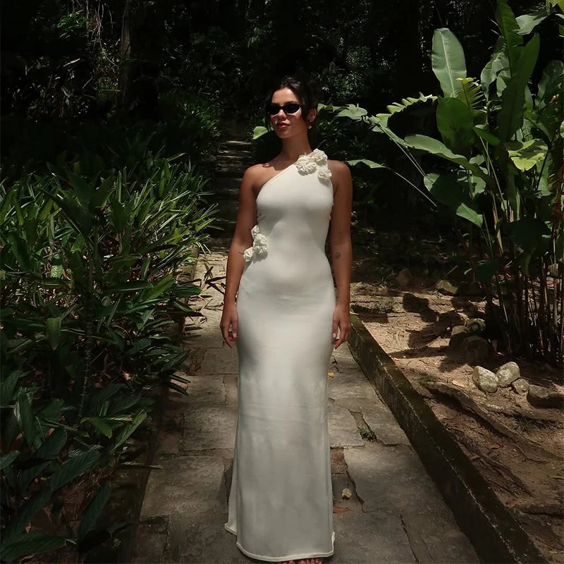 Aiertu  -  Elegant 3D Flower Dress Women Slash Neck Sleeveless Slim Hip Package Floor-length Dresses Female 2025 Spring Summer Lady Gown Aiertu