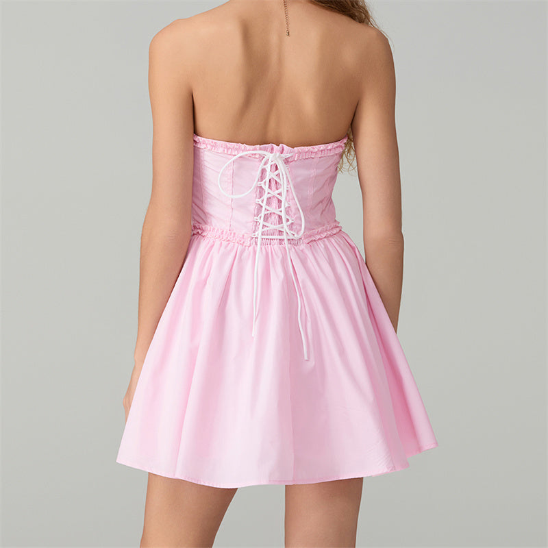 Aiertu  Women's y2k Corset Mini Dress Pink Strapless Tie-up Front Lace Trim Tube Top Dress Short Party Going Out Dresses Aiertu