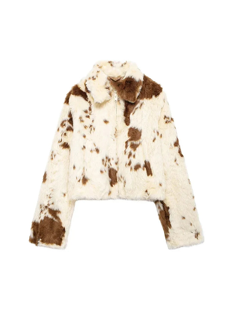Aiertu  Women Fashion Faux Fur Printed Front Zipper Jackets Vintage Lapel Neck Long Sleeves Female Chic Lady Outfits Aiertu