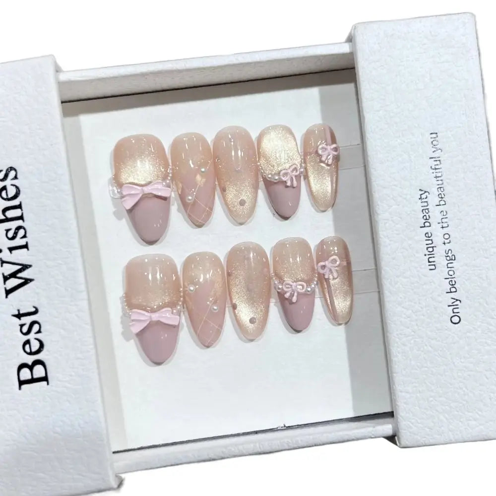 Aiertu  -  10pc Press On Nails False Nails Bow Decor Fake Nails Wearable Handmade Gel Nail Stickers Reusable Gradient Gel Nail Polish Strip Aiertu