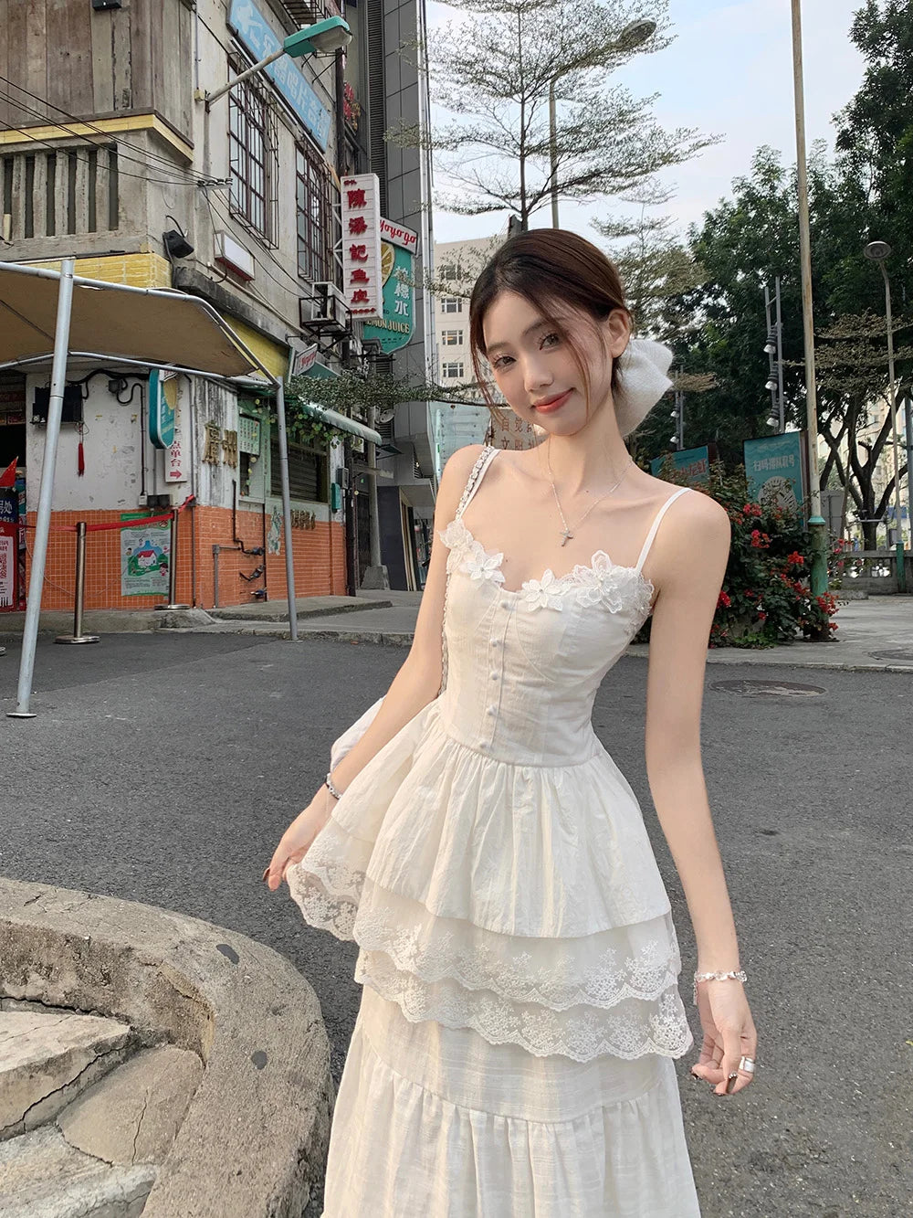 Aiertu  -  White Dress Ladies Temperament Patchwork Lace Two-piece Suit Spring Summer 2025 New Elegant Princess Dress Simplicity Suit Aiertu