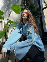 Aiertu  -  Chic Blue Pearls Decor Lapel V Neck Knitted Pullover Women Elegant Flare Long Sleeve Casual Sweater 2026 Lady New Loose Knitwear Aiertu