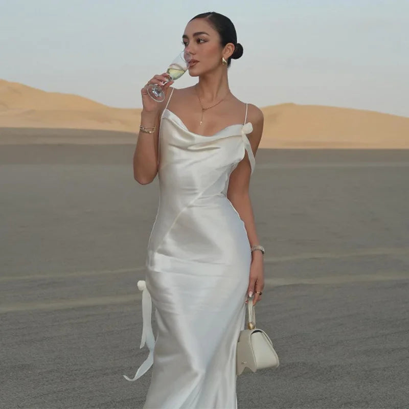 Aiertu  -  Large Backless Slip Dress Satin Ribbon Halter Robe French Tassels Pleated Sexy Swingneck Vocation Beach Women White Long Dresses Aiertu