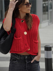 Aiertu  -  Pocket Solid Color Cardigan Women 2026 Autumn New O Neck Single Breasted Sleeveless Cropped Sweater Casual Fashion Knitted Vest Aiertu