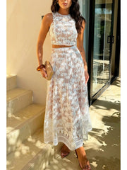 Aiertu  -  Embroidery Hook Flower Hollow White Dresses Sets Women Elegant Sleeveless Tops Skirts Two Piece Sets Female Holiday Party Dress Aiertu