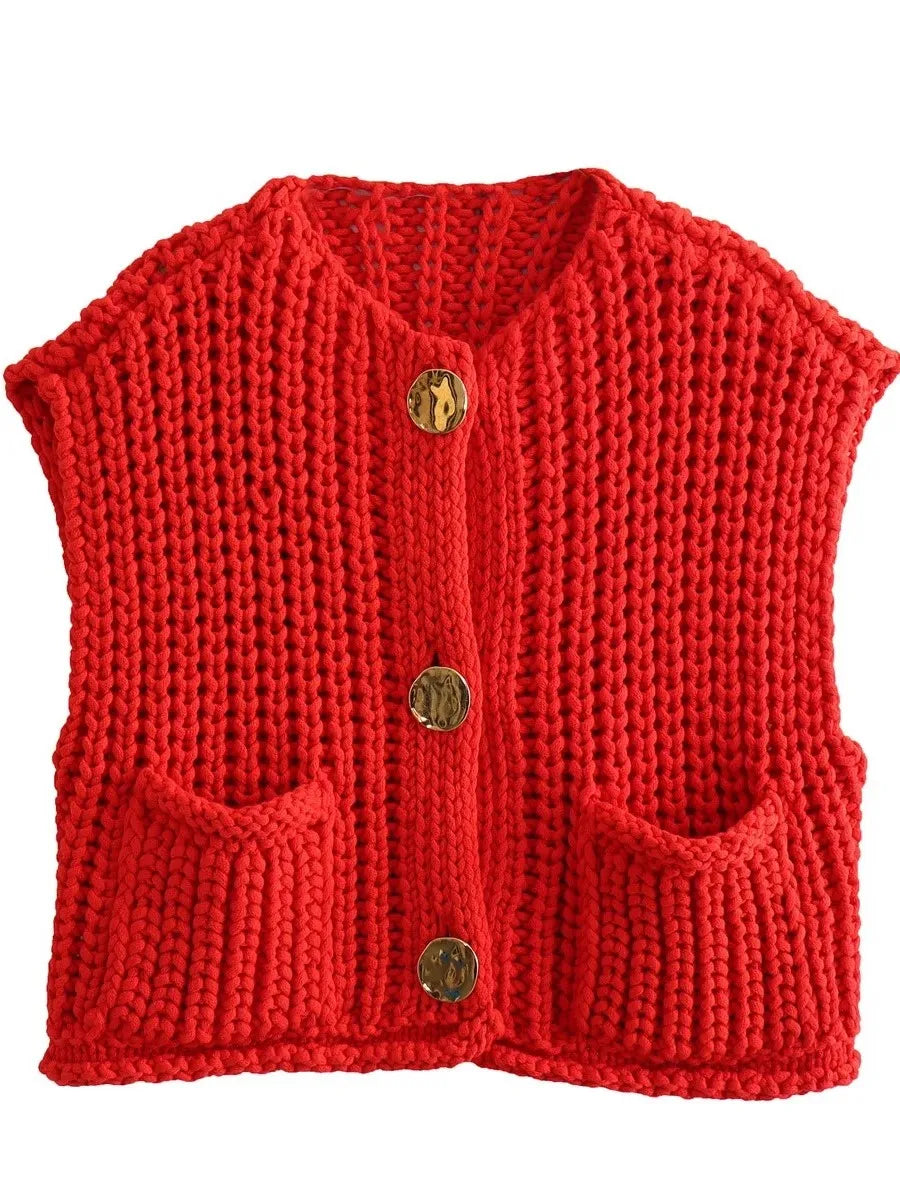 Aiertu  -  Pocket Solid Color Cardigan Women 2026 Autumn New O Neck Single Breasted Sleeveless Cropped Sweater Casual Fashion Knitted Vest Aiertu