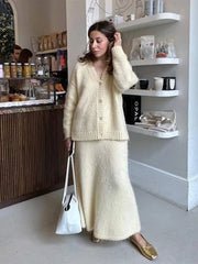 Aiertu  -  Elegant Knitted Solid Single Breasted Sweater Coat Skirt Suits Fashion V Neck Long Sleeves Cardigan Loose Commute Skirts Sets Aiertu