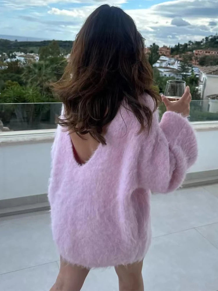 Aiertu  -  Loose Backless Knit Pullover For Women's  Sexy Off Shoulder Long Sleeve Sweater Femme Solid Casual Knitwear Cover-up Aiertu