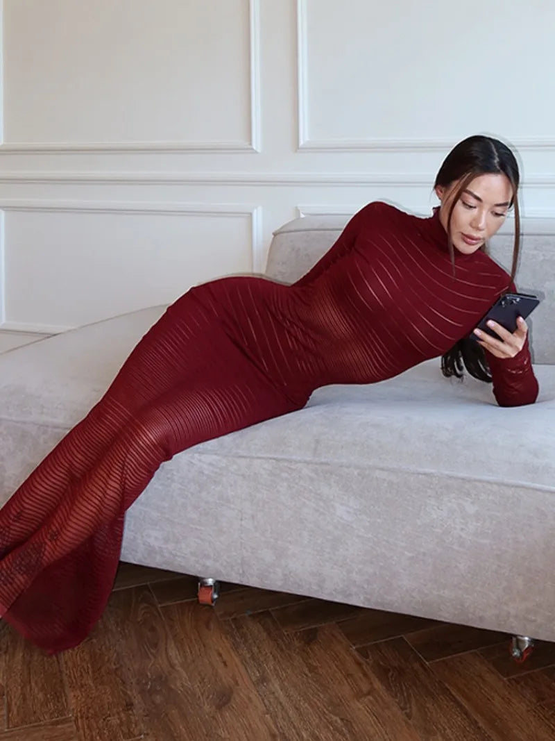 Aiertu  -  2026 Autumn Winter Striped See-through Knitted Long Dress Streetwear Sexy Women's Half High Collar Bodycon Evening Party Dresses Aiertu