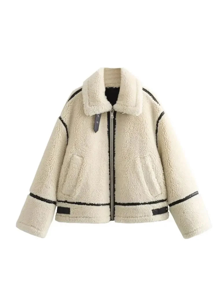 Aiertu  -  Women Plush Zipper Jacket Solid Patchwork Long Sleeve Lapel Motorcycle Coat Casual Autumn Winter Female Street Warm Outerwear Aiertu