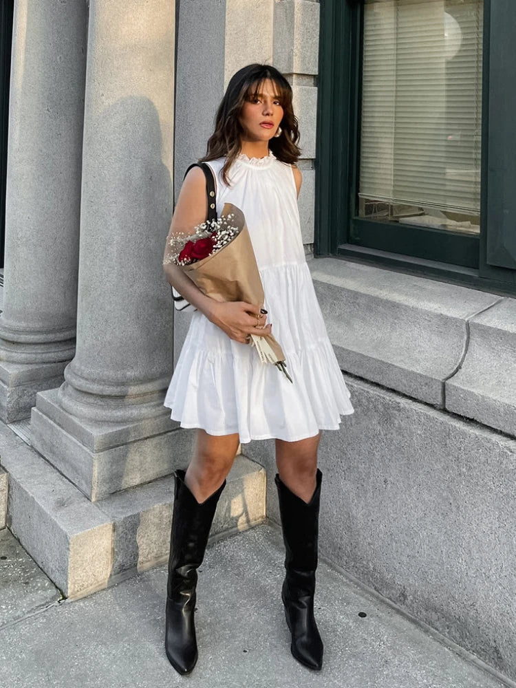 Aiertu  -  Summer Cotton A-line Loose Ruffles White Dress Women Casual O-neck Lace-up Sleeveless Mini Dress Female Holiday Party Dress 2025 Aiertu