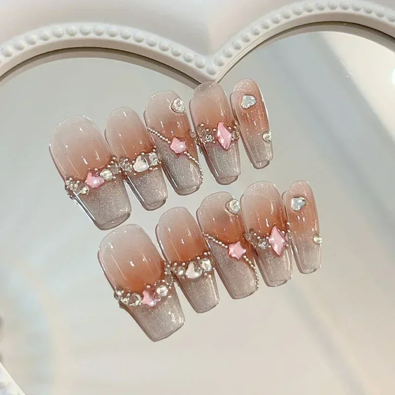 Aiertu 10Pcs Cat Eye Handmade Press On Nails with Gradient Design False Nails Full Cover French Ballerina Wearable Artificial Nail Tips Aiertu