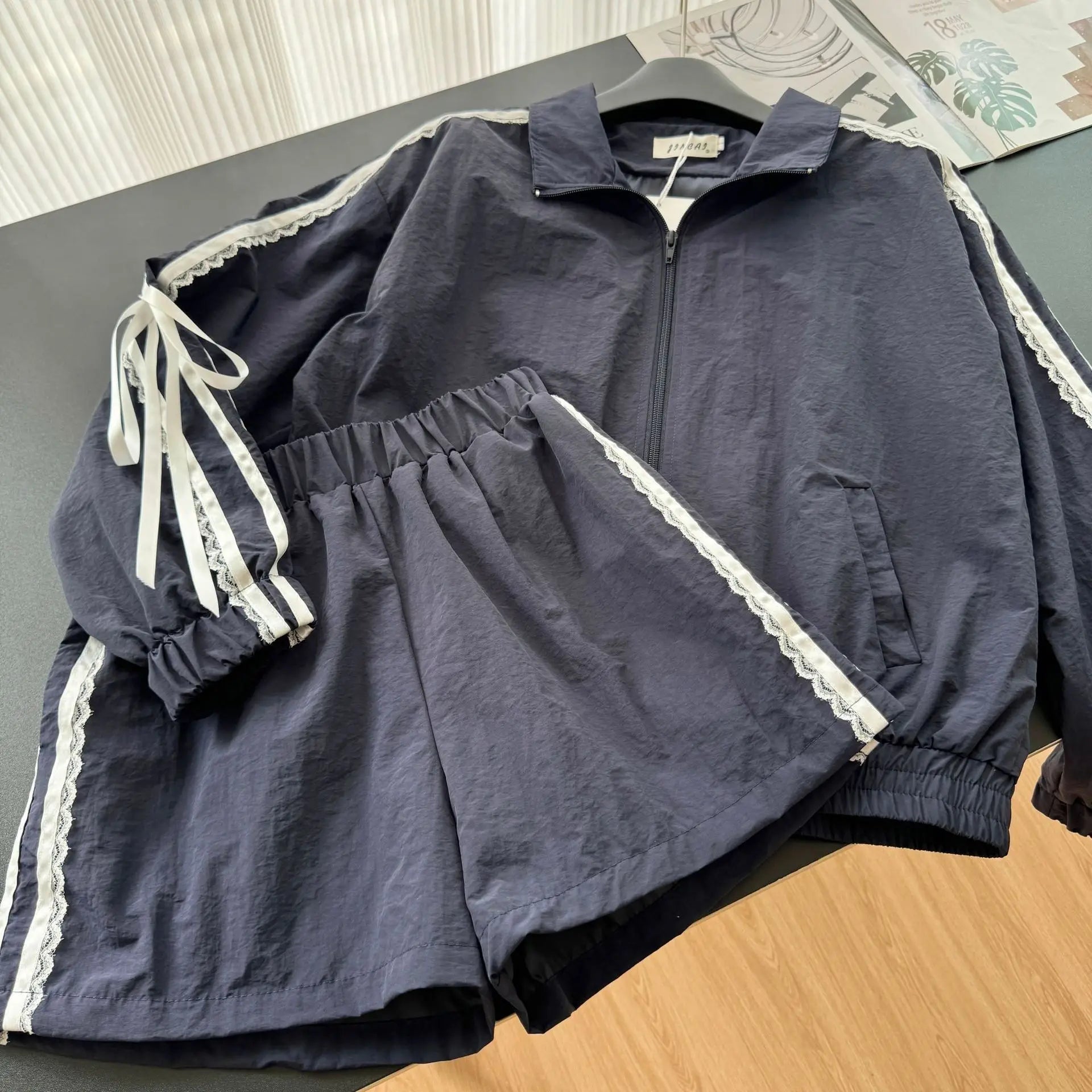 Aiertu  -   Lace Trim Patchwork Sport Suits For Women Bow Long Sleeve Zipper Jacket+Elastic Waist Shorts Korean Fashion Casual 2 Piece Sets Aiertu