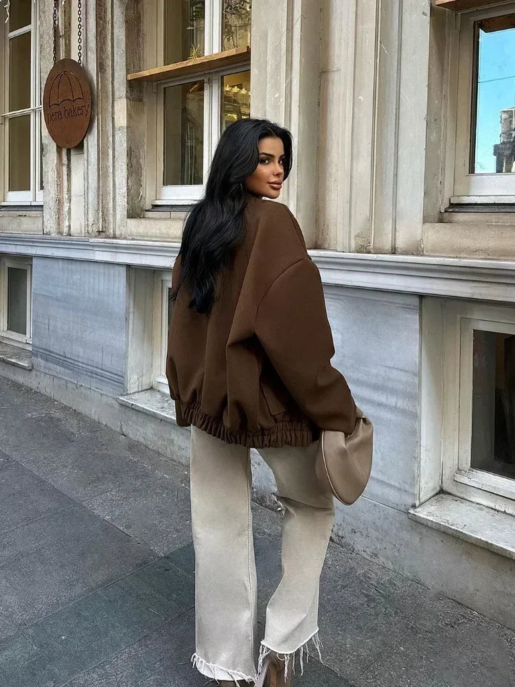 Aiertu  -  Fashion Single Breasted Big Pockets Bomber Jackets Women Casual Loose Long Sleeve Button Coats 2026 Female Vintage Outerwears Aiertu