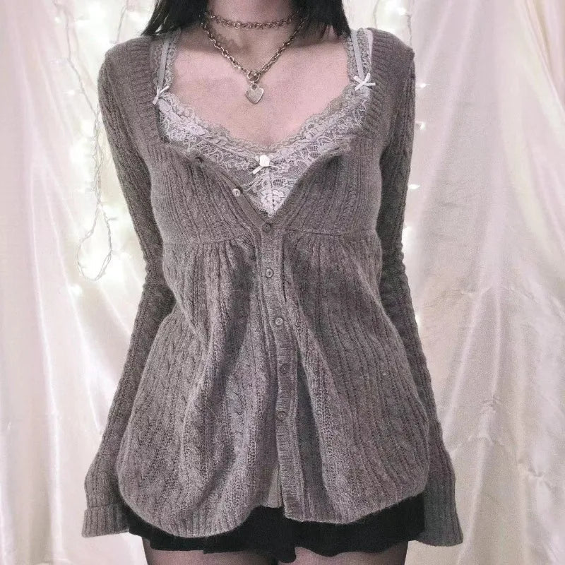 Aiertu  -  Women Y2k Knitted Sweater 2000s Vintage Single Breasted Long Sleeve Knitted Cardigan Tops  Loose Clothing Harajuku Streetwear Aiertu