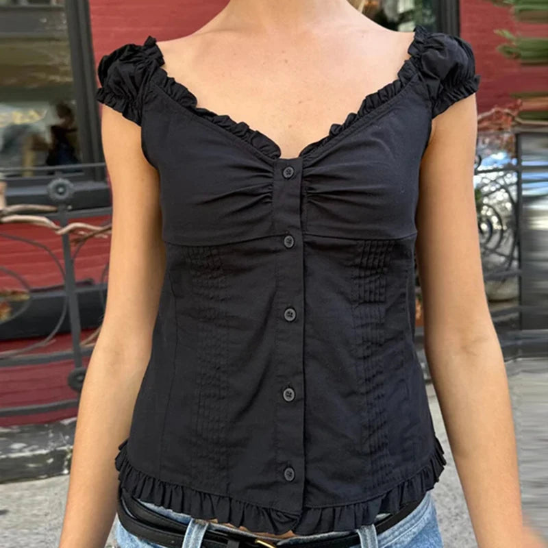 Aiertu  Preppy Button Down Blouse Tops Y2k Vintage Cap Sleeve Women T-shirt 00s Aesthetic Fairy Frill V Neck Crop Tops Milkmaid Vest Aiertu