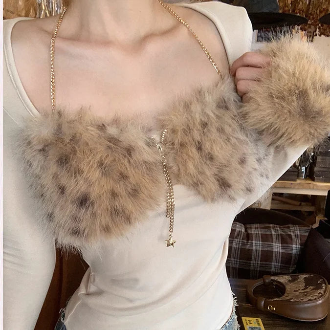 Aiertu  -  Trendy Leopard Print Fur Stitching Long-sleeved European American Slim Fit Versatile T-shirt Autumn and Winter Harajuku Y2k Tops Aiertu