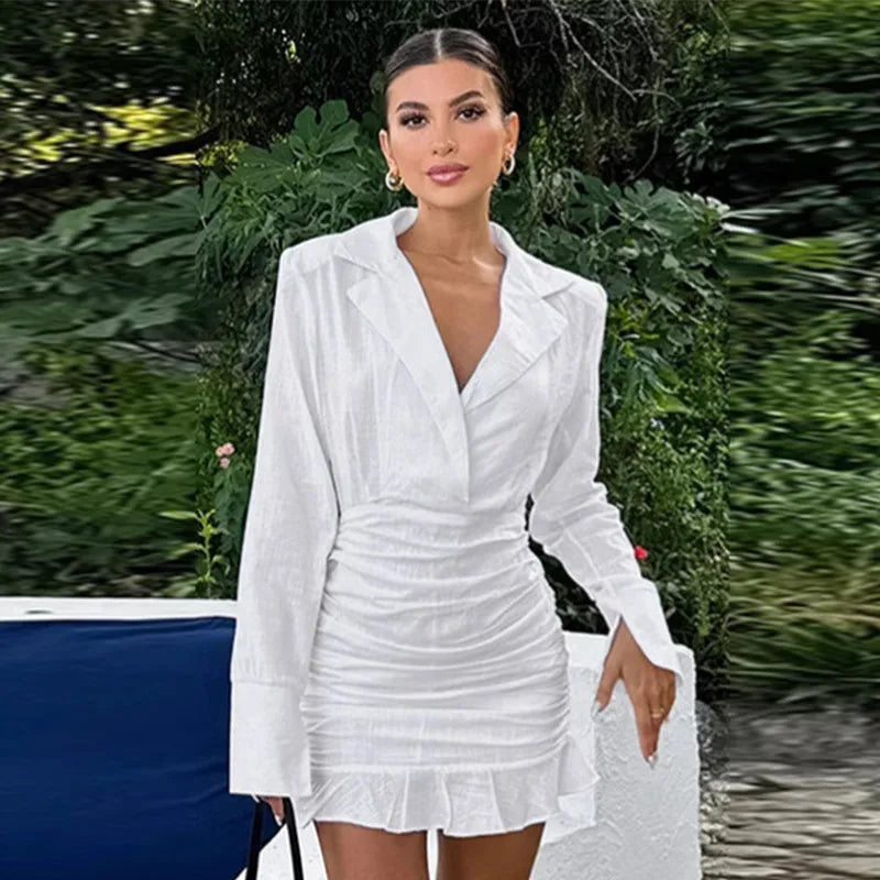 Aiertu  -  Cotton Linen Ruffle Dress Solid Color Suit Collar Deep V Fake Two Pieces Slim Fit Fashion Slimming Short Wrap Hip Dresses Spring Aiertu