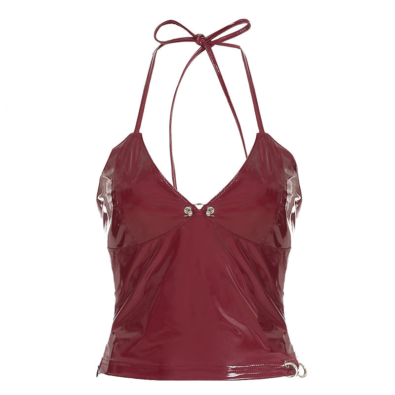 Aiertu - summer inspo Christmas Solid Metal Button Women’s Halter Tops Sleeveless Pu Leather Punk Baddie Slim Women Blouses Streetwear Clothing Aiertu