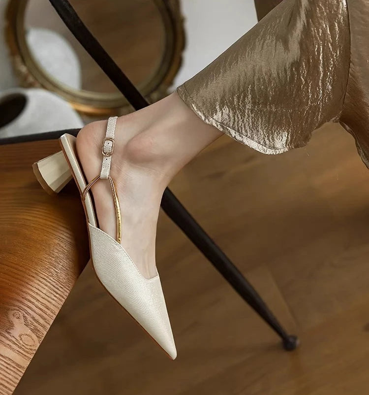 Aiertu  -  French Satin Style Sandals 2025 Spring Women New Baotou Mid Heel Design Luxury Pointed Versatile Single Shoes Aiertu