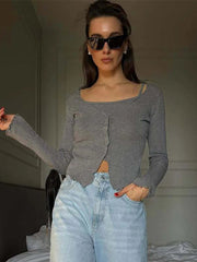 Aiertu  -  Knitted Fake Two-piece Cardigan Women Single Breasted O-neck Long Sleeve Slim Short Thin Sweater 2026 Summer Commute Coat Top Aiertu