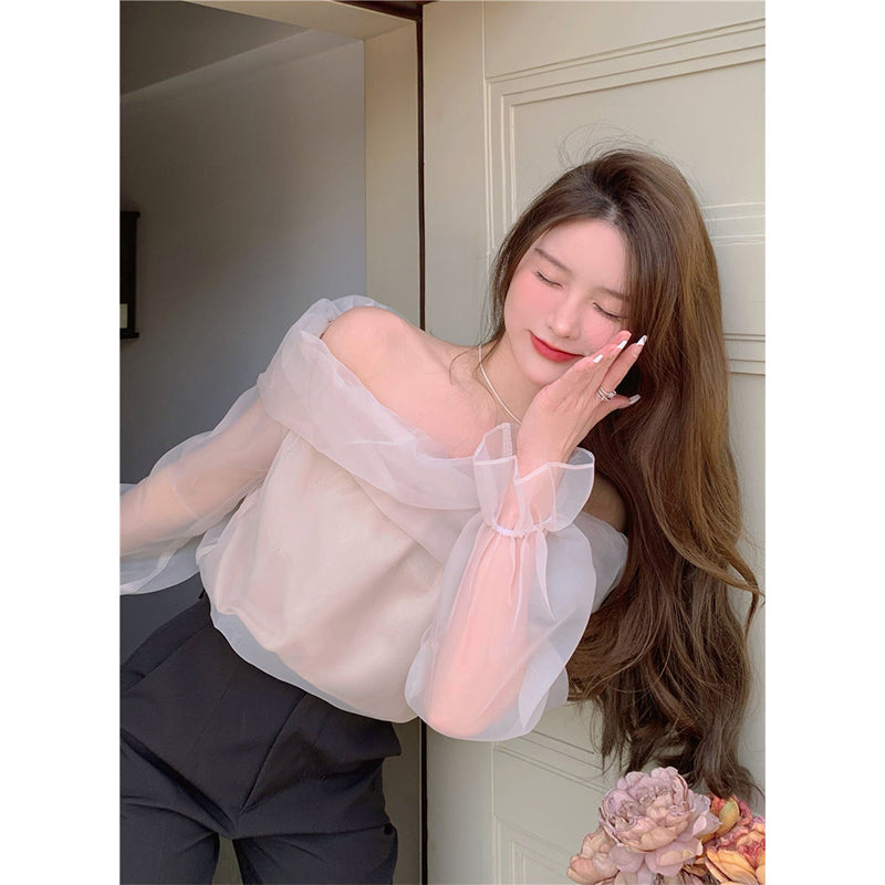 Aiertu Slash Neck Shirts Women Sweet Mesh Off Shoulder Blouses Office Lady Korean Fairy Elegant Puff Long Sleeve Slim Chic Tops Aiertu