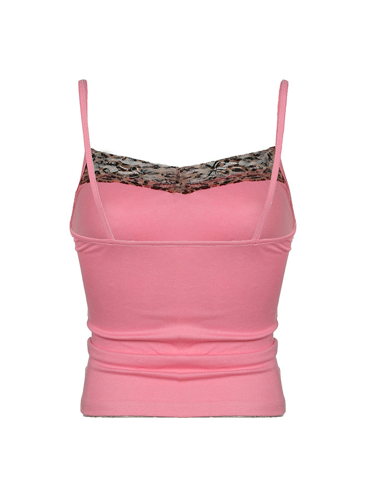 Aiertu - summer inspo Hot Pink Sweet Cute Camisole Leopard Contrast Patchwork Y2K Crop Top For Women Sleeveless Slim Kawaii 2000s Tank Vest Aiertu