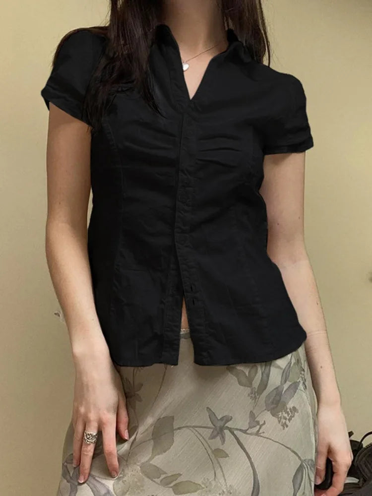 Aiertu  -  Y2k Aesthetic Pleated Puff Sleeve Women Blouse Sexy Single Breasted Slim Grunge Solid Shirt Harajuku Crop Streetwear Blusas Aiertu
