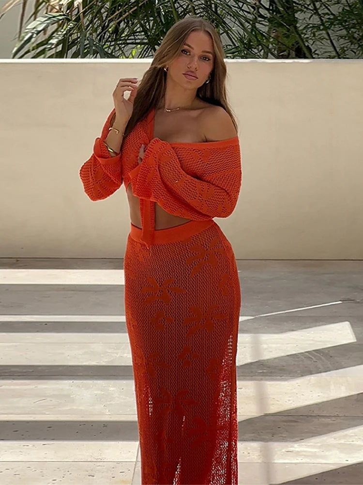 Aiertu  -  Hollow Out Knitted Beach Skirts Suit Women Sexy Bikini Cover-Ups Long Sleeve Crop Tops Long Skirt Set Holiday Crochet Beachwear Aiertu
