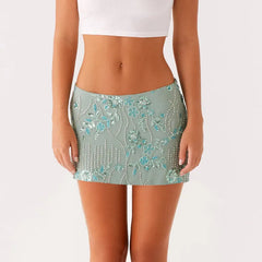 Aiertu  Women Y2K Sequin Mini Skirt Low Waist Sparkle Beaded Short Skirt Glitter Shiny Bodycon Skirt Night Out Party Aiertu