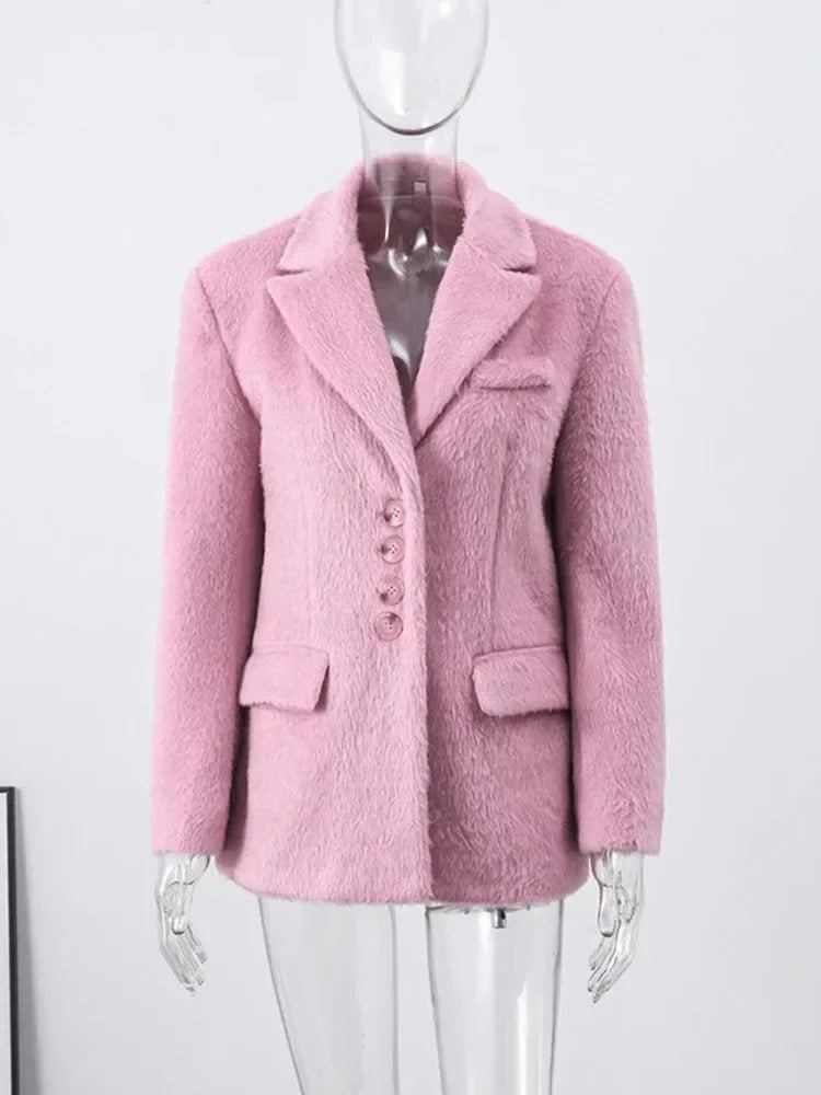 Aiertu  -  Loose Lapel Plush Jacket Female 2026 Autumn Winter New Warm Solid Button Long Sleeve Coat Office Lady Outwear Elegant Aiertu