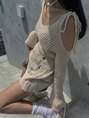 Aiertu  -  Punk Gothic Mid-long Length Knitted Tops Women 2025 Solid Hollow Out Hole Flare Sleeve Loose Y2k Streetwear Pullover Top Female Aiertu