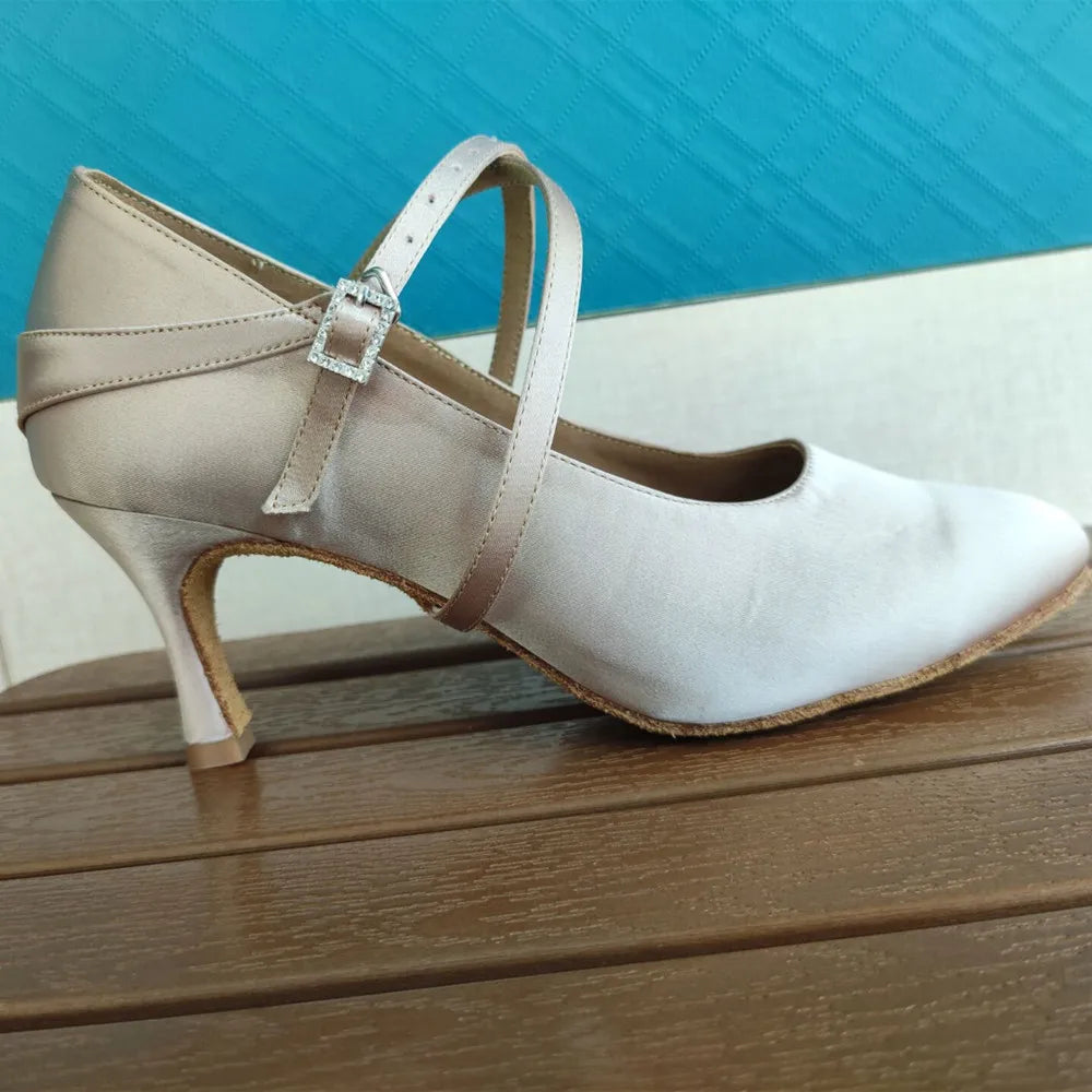 Aiertu  -   Khaki Color Satin With Crystal Comfortable Woman Modern Ballroom Dance Shoes 7.3cm Heel Evkoo018 customize shoe Aiertu