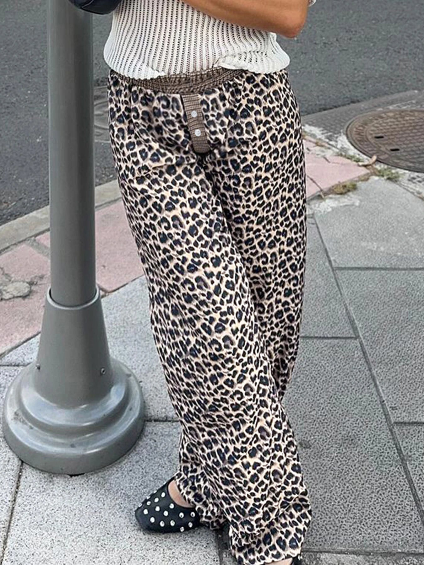 Aiertu  Leopard Print Patchwork Straight Pants Elastic Waist Fashion Harajuku Trousers Aesthetic 2000s Casual Baggy Bottom Aiertu