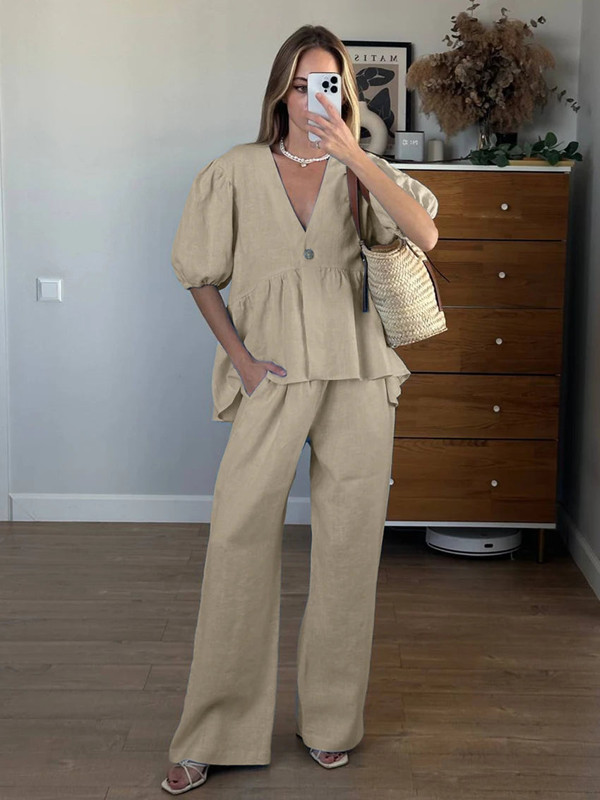 Aiertu  Cotton Loose Female Pajama 2 Piece Suit Short Sleeve Nightgown Sexy V-Neck Sleepwear Pants Casual Women Nightwear Set Aiertu