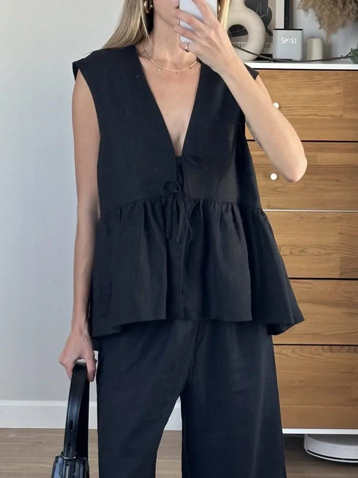 Aiertu  -  Black Elegant Summer Suits For Women New V Neck Lace-up Sleeveless Tank Top+Ruffle Trouser Fashion Casual Pants Sets 2 Piece Set Aiertu