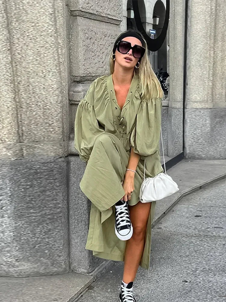 Aiertu  Loose Green Side Split Women Dress Casual Bandage Long Sleeve V Neck Female Dresses 2025 Summer Lace Up Lady Comfortable Robe Aiertu