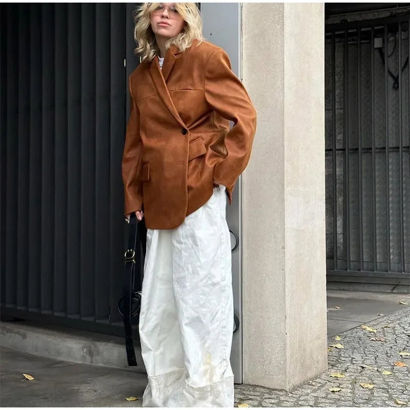 Aiertu     -  Fall Outfits 2026 Women Retro Brown Lapel Blazer Jacket Fashion Single Breasted Long Sleeves Office Suit Coats Autumn New Lady Commute Outerwear Aiertu