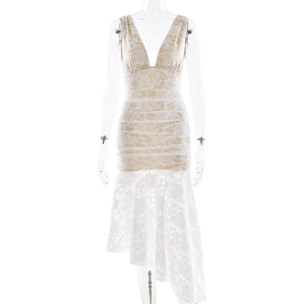 Aiertu  -  Elegant Lace Patchwork Dress For Women 2026 Sexy New V-neck Lace Long Dress Summer Sleeveless Backless Partywear Aiertu